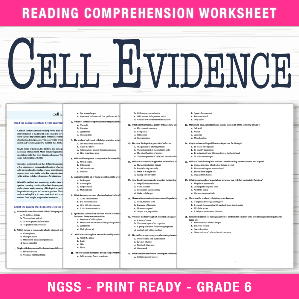 Grade 6 Science worksheet worksheet — 6th Grade Science | Cell Evidence Worksheet (PDF + Answer Key) — page 1