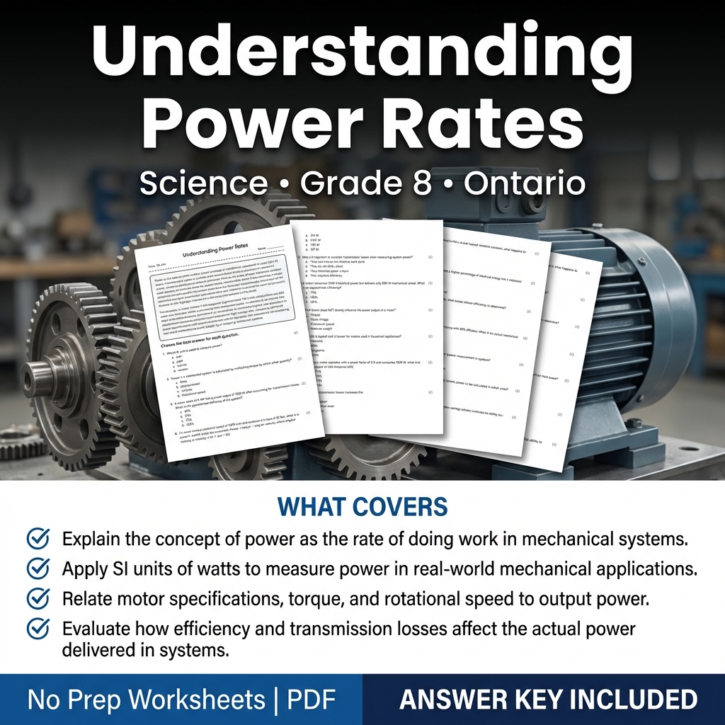 Understanding Power Rates Worksheet for Grade 8 Science – Ontario Standards