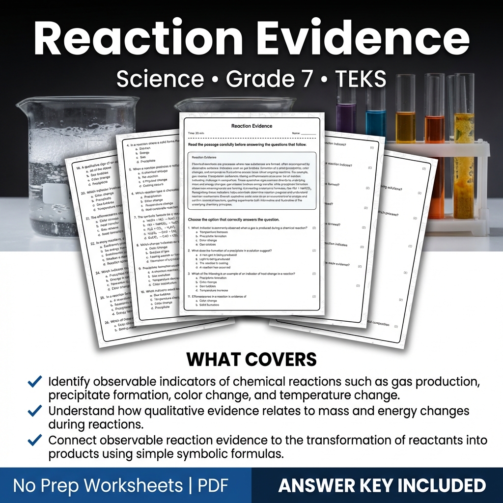 Reaction Evidence Grade 7 Science Worksheet | TEKS Standards