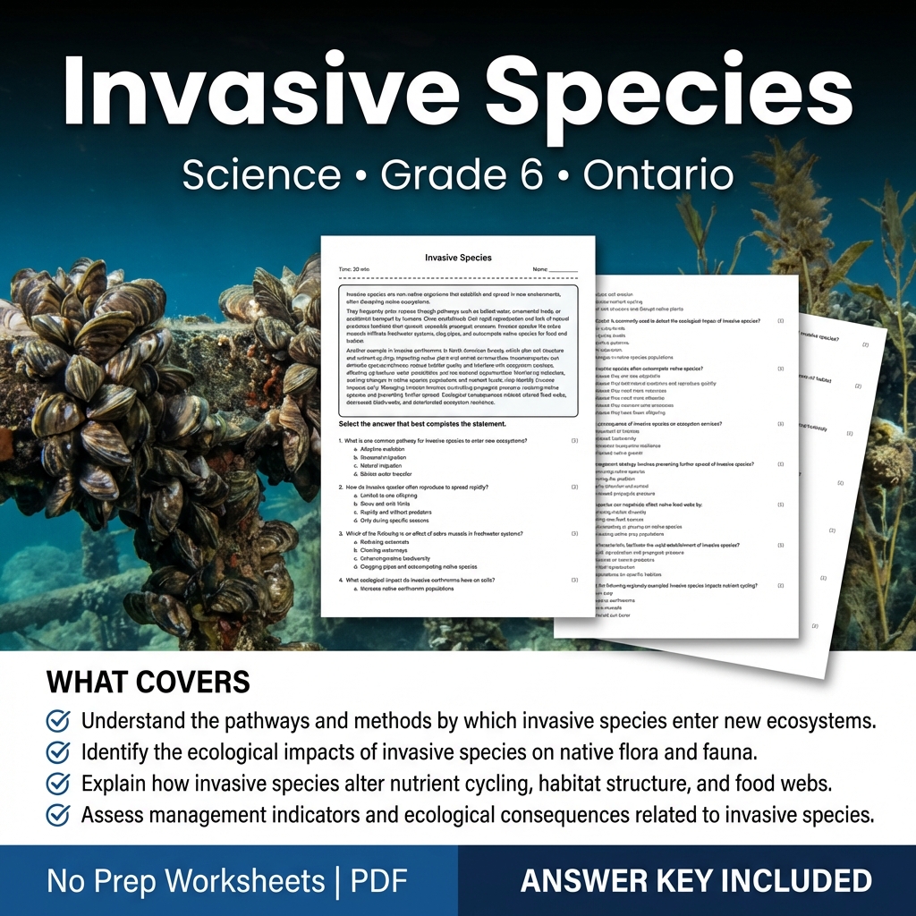 Grade 6 Science Worksheet on Invasive Species with Answer Key