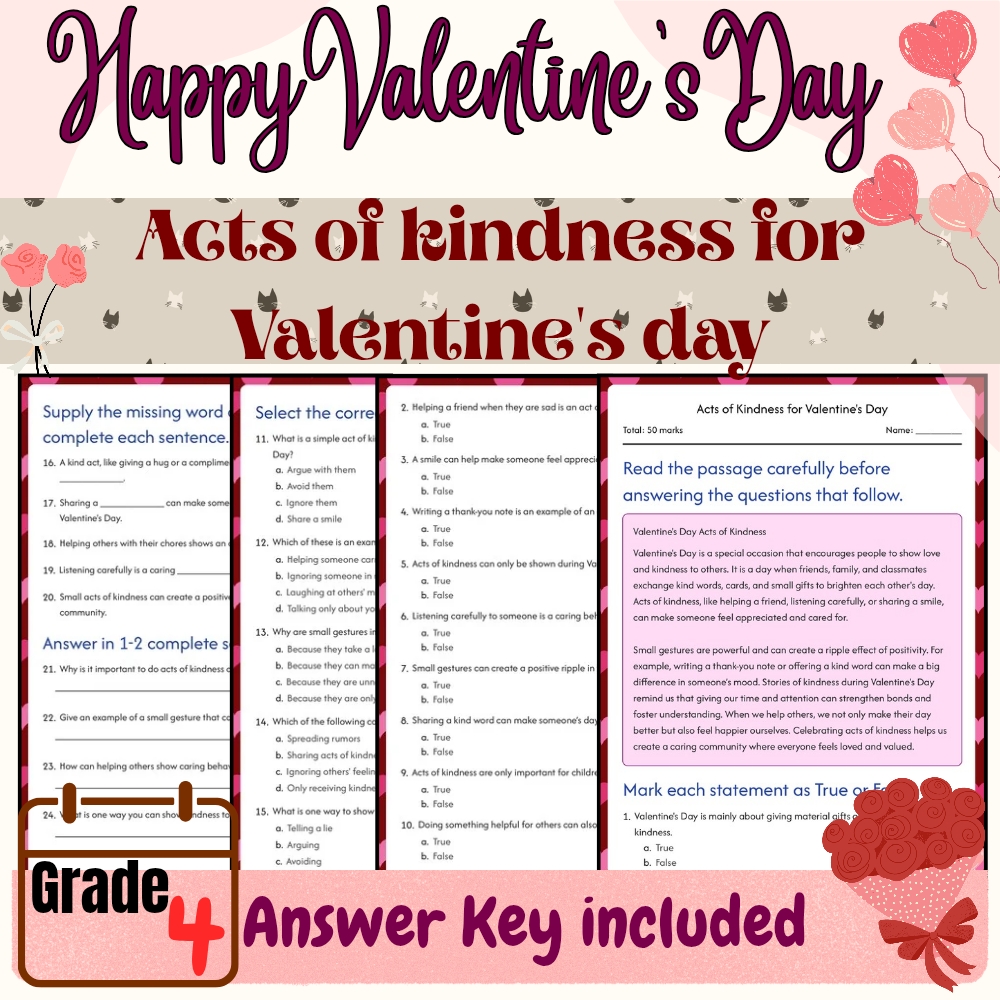 Grade 4 Seasonal Valentine’s Day Unit | Love & Kindness Worksheets & Activities — included worksheet 2