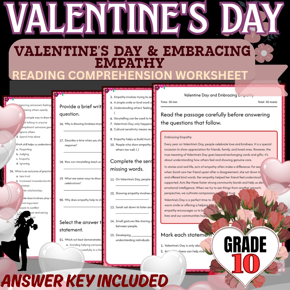 Grade 10 Holiday Unit | Valentine’s Day Worksheets  (Answer Keys Included) — included worksheet 2