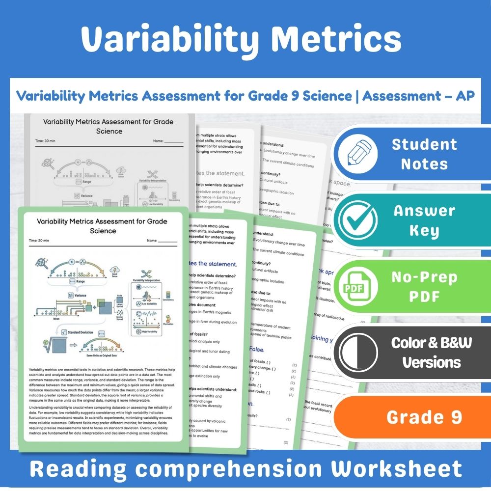 Grade 9 Science assessment worksheet — Variability Metrics Assessment for Grade 9 Science | Assessment – AP — page 1