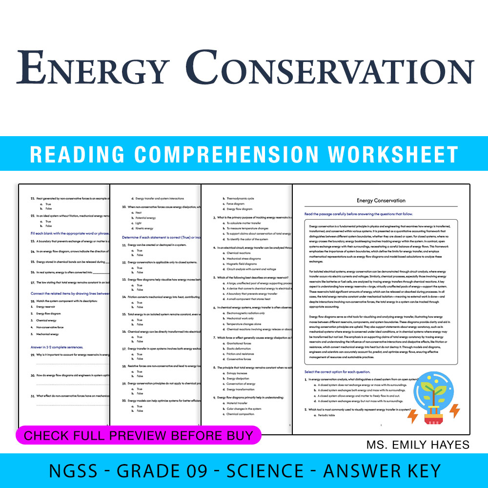 Grade 9 Science worksheet worksheet — Grade 9 Science | Energy Conservation Worksheet (PDF + Answer Key) — page 1