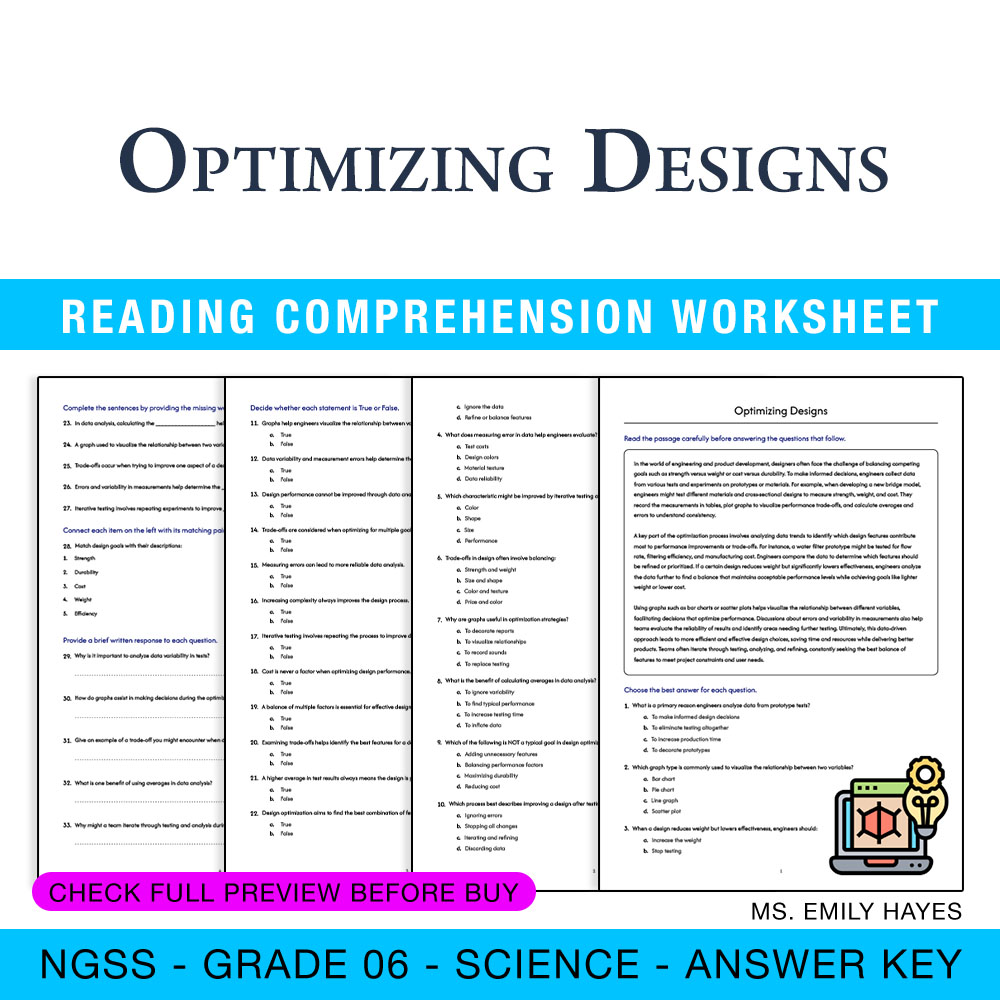 Grade 6 Science worksheet worksheet — 6th Grade Science | Optimizing Designs Worksheet (PDF + Answer Key) — page 1