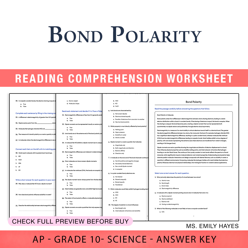 Grade 10 Science worksheet worksheet — 10th Grade Science | Bond Polarity Worksheet (PDF+ Answer Key) — page 1