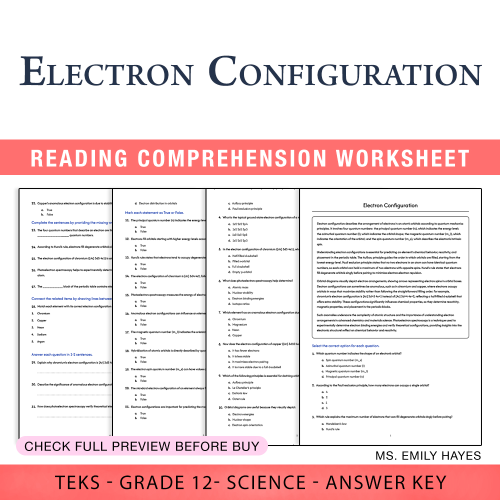 Grade 12 Science worksheet worksheet — 12th Grade Science | Electron Configuration Worksheet (PDF+ Answer Key) — page 1