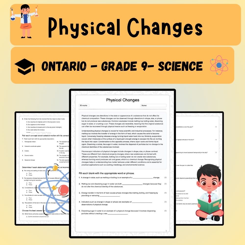 Grade 9 Science worksheet worksheet — Grade 9 Science | Physical Changes Worksheet (PDF) – Ontario Curriculum — page 1