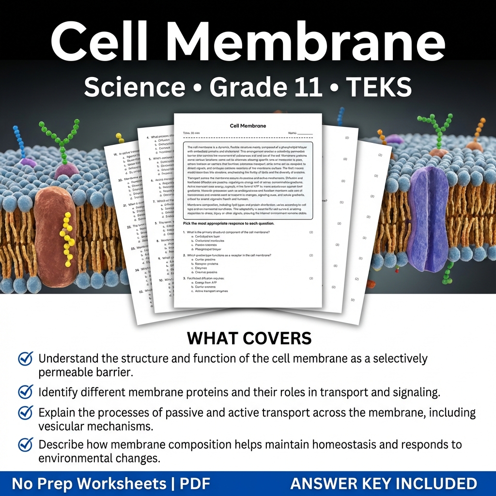 Grade 11 Science Worksheet on Cell Membrane | TEKS Aligned