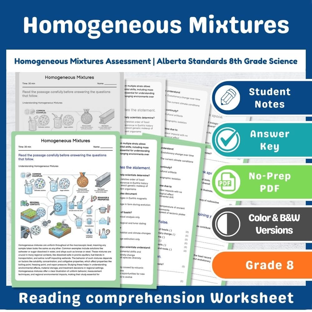 Grade 8 Science assessment worksheet — Homogeneous Mixtures Assessment | Alberta Standards 8th Grade Science — page 1