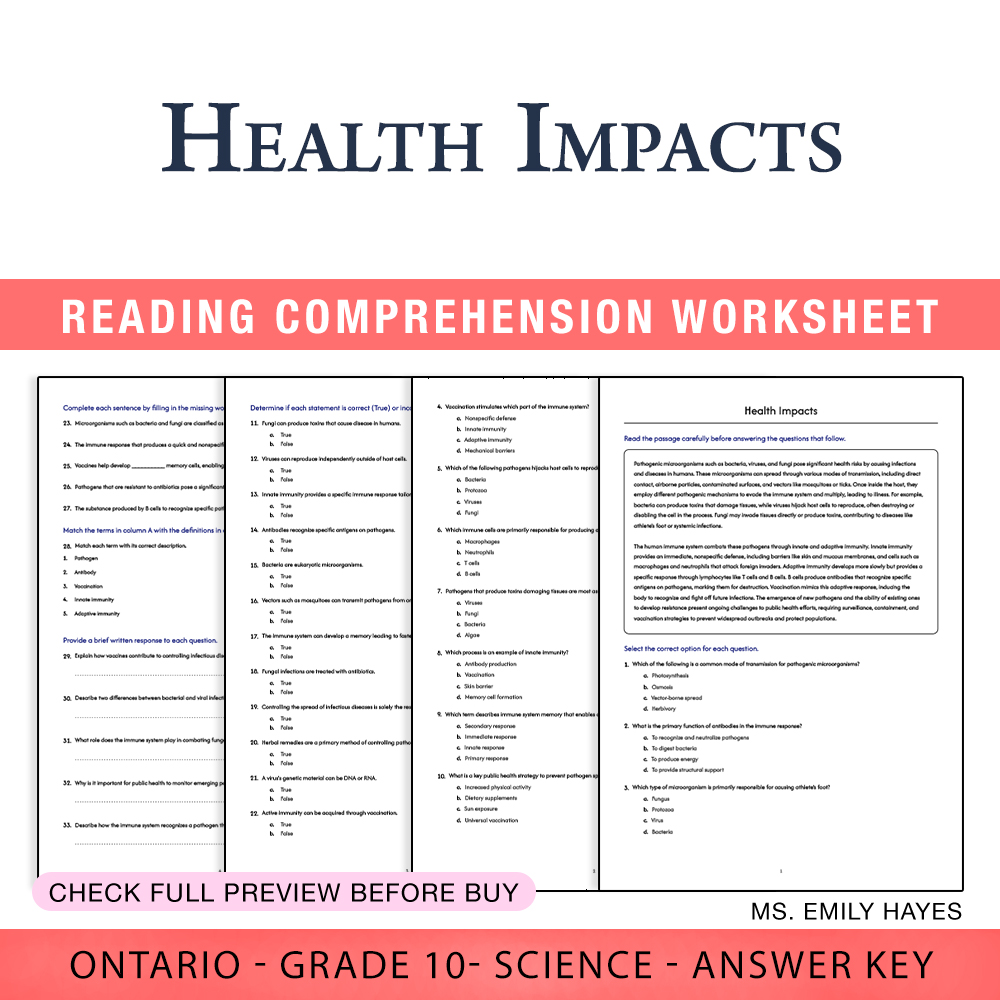 Grade 10 Science worksheet worksheet — Grade 10 Science | Health Impacts Worksheet (PDF + Answer Key) — page 1