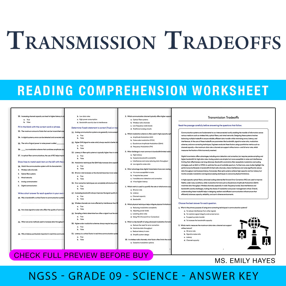 Grade 9 Science worksheet — 9th Grade Science | Transmission Tradeoffs Worksheet (PDF+ Answer Key) — page 1