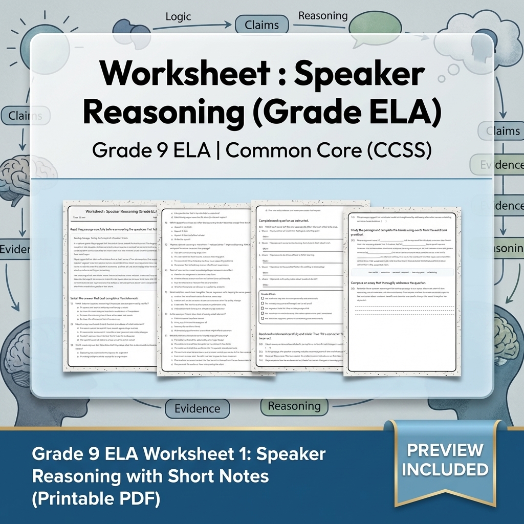 Grade 9 Speaker Reasoning & Source Integration ELA Lesson Bundle | CCSS — included worksheet 3