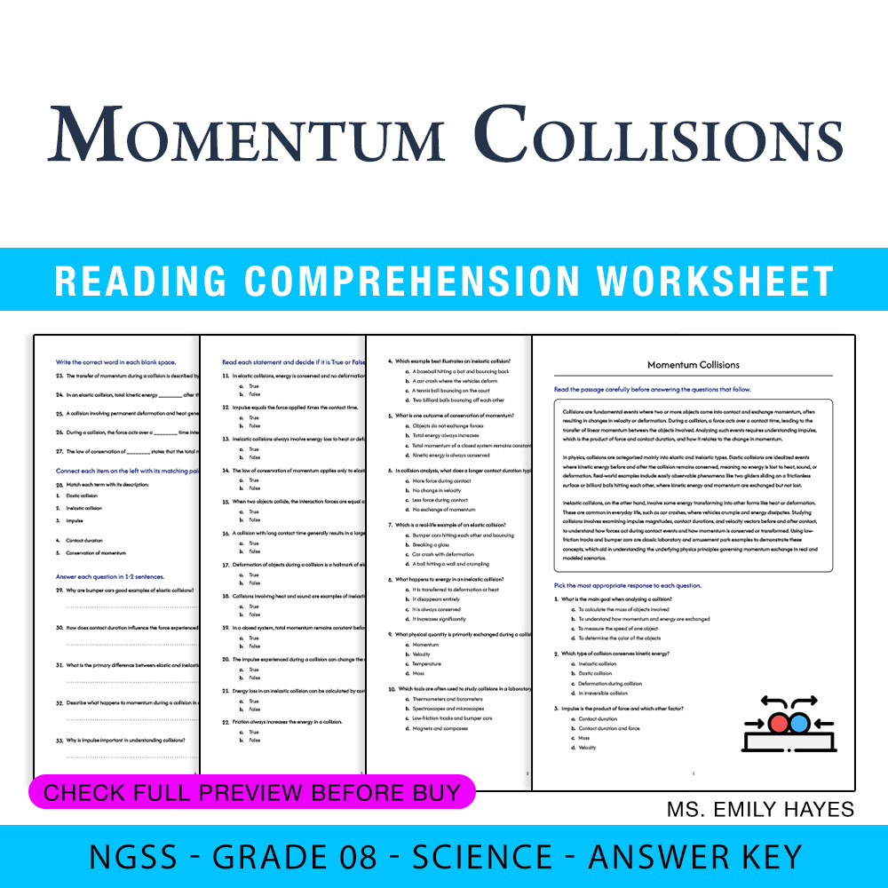 Grade 8 Science worksheet worksheet — 8th Grade Science | Momentum Collisions Worksheet (PDF+ Answer Key) — page 1