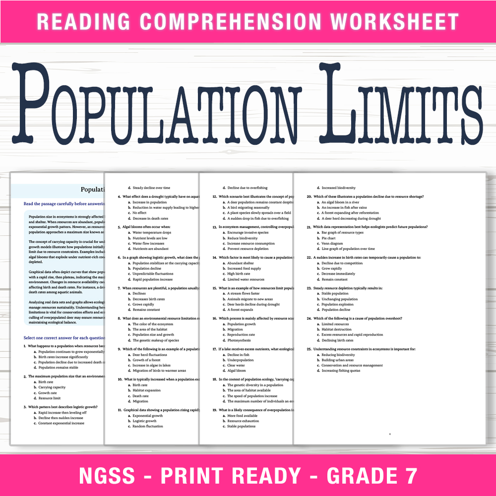 Grade 7 Science worksheet worksheet — Grade 7 Science | Population Limits Worksheet (PDF + Answer Key) — page 1
