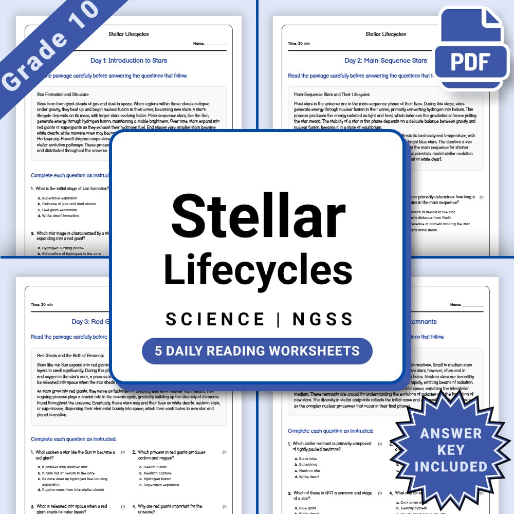 Grade 10 Science daily reading worksheet worksheet — Grade 10 Science – Stellar Lifecycles Worksheet (PDF +Answer Key) — p…