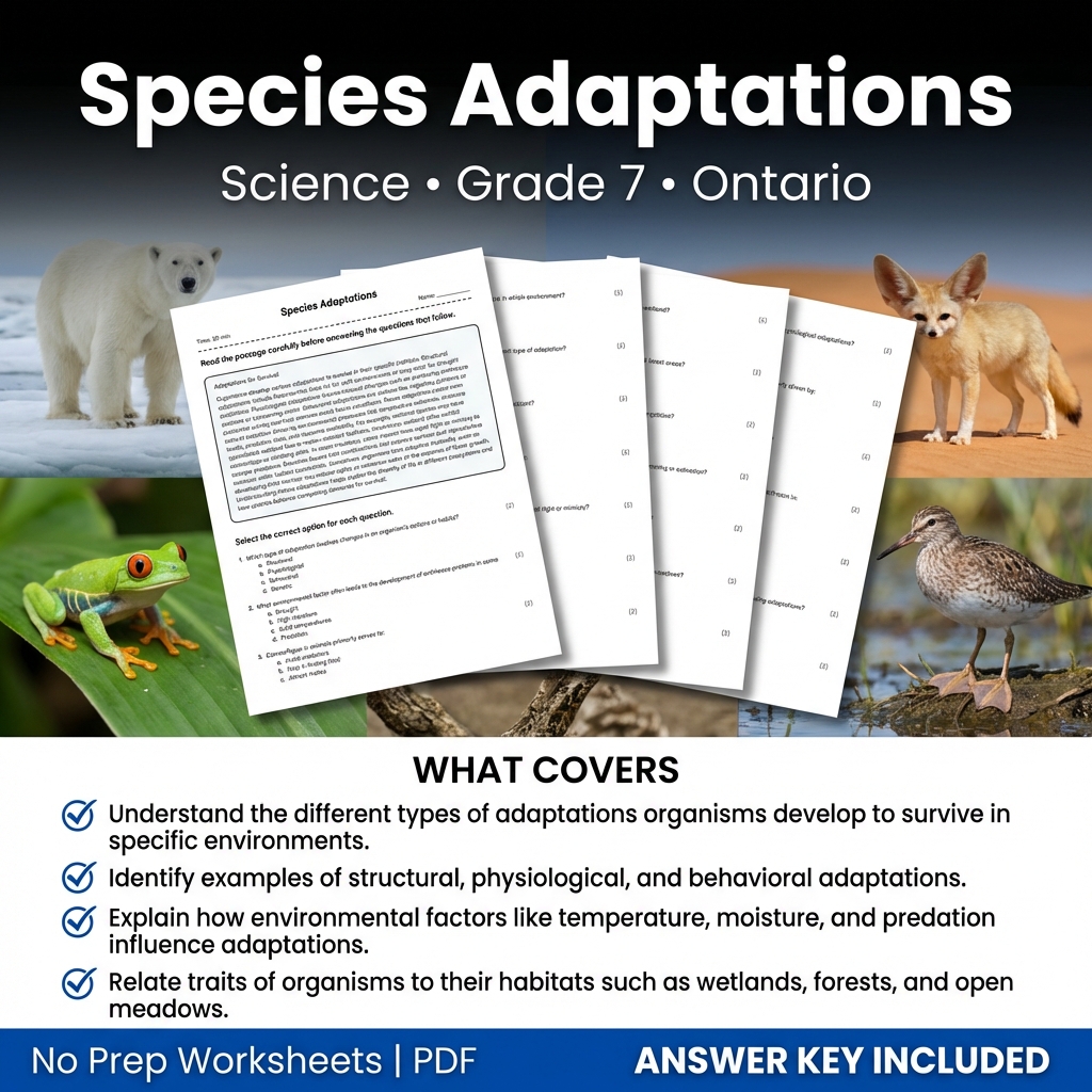 Species Adaptations Science Worksheet Grade 7 Ontario Naplan