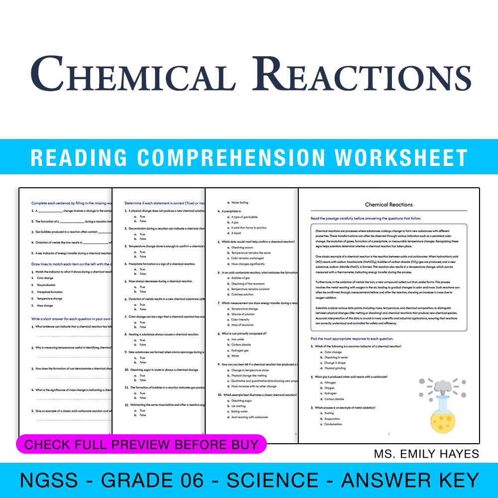 Grade 6 Science worksheet worksheet — 6th Grade Science | Chemical Reactions Worksheet (PDF + Answer Key) — page 1