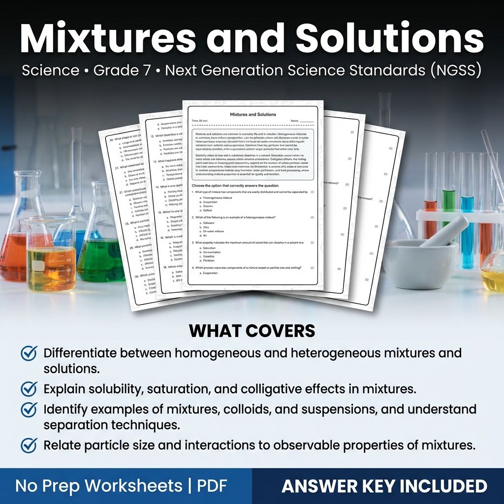7th Grade Science Worksheet | Mixtures and Solutions NGSS Practice PDF