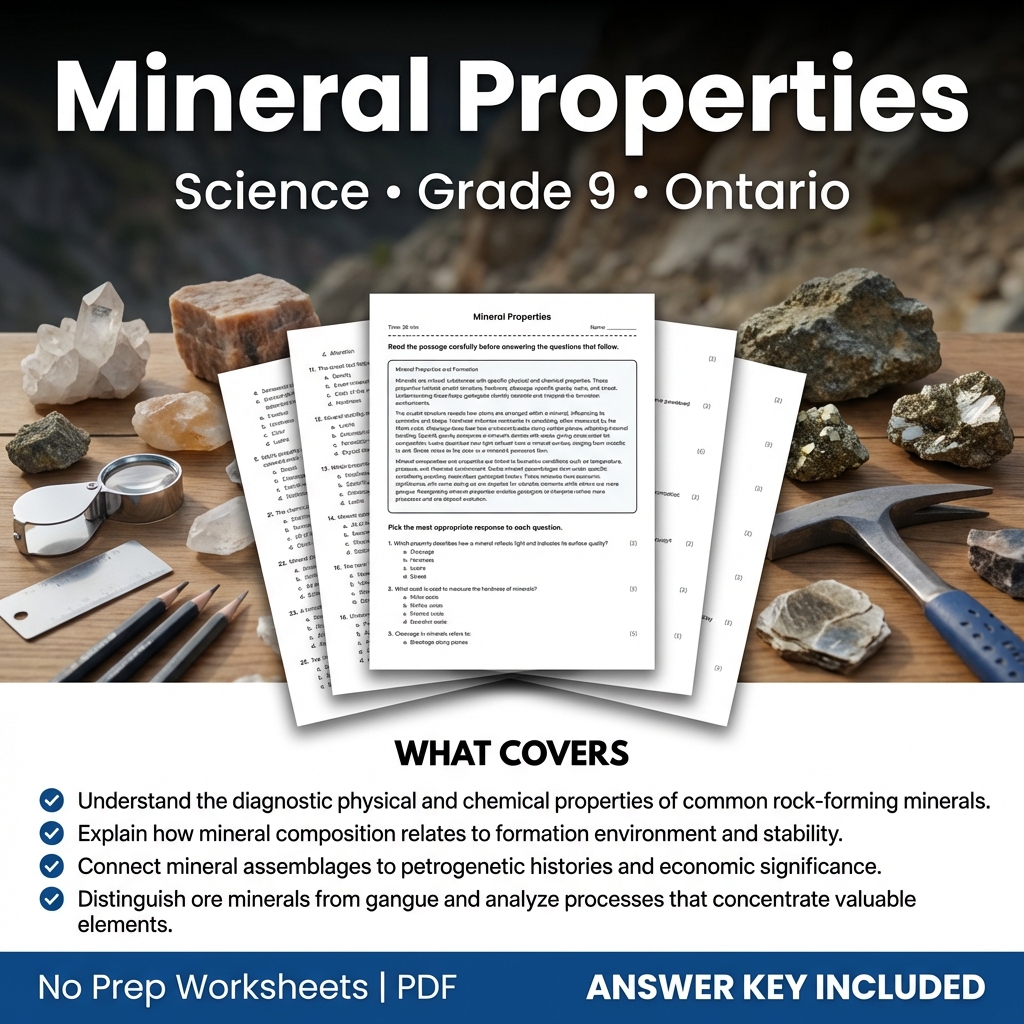 Mineral Properties Worksheet for Grade 9 Science | Ontario Standards