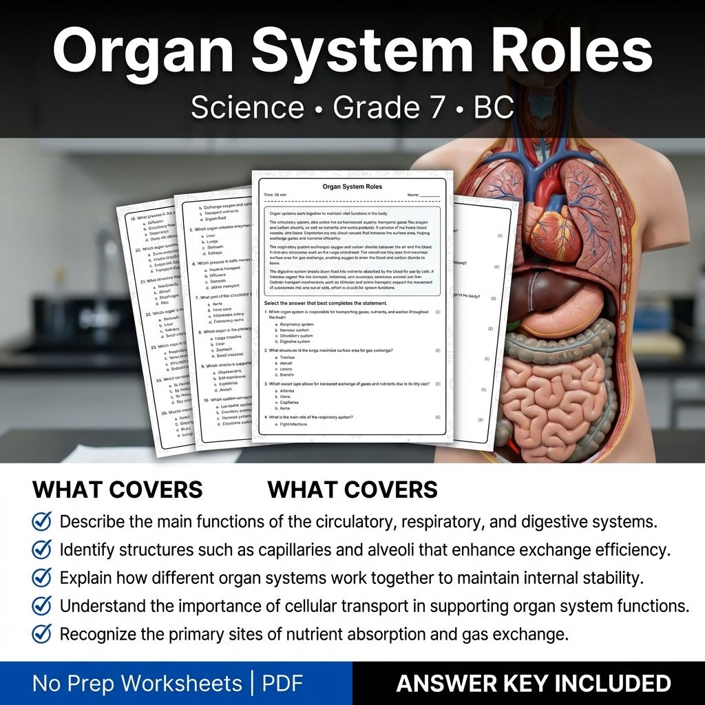 7th Grade Science | Organ System Roles Worksheet & Answer Key PDF