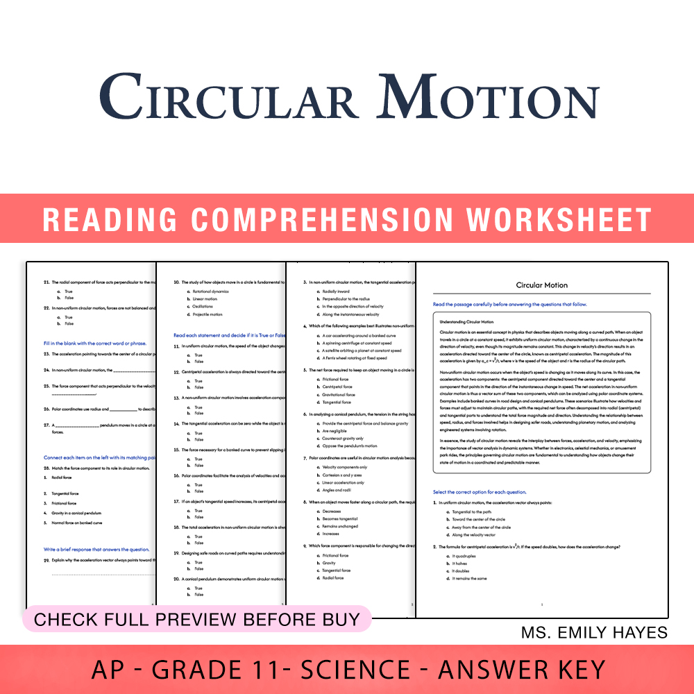 Grade 11 Science worksheet worksheet — 11th Grade Science | Circular Motion Worksheet (PDF+ Answer Key) — page 1