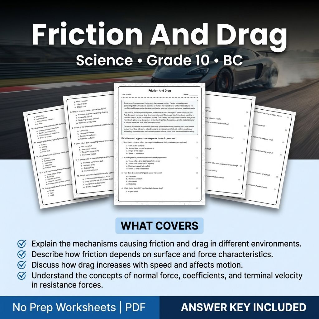 Grade 10 Science | Friction and Drag Worksheet with Answer Key (PDF)