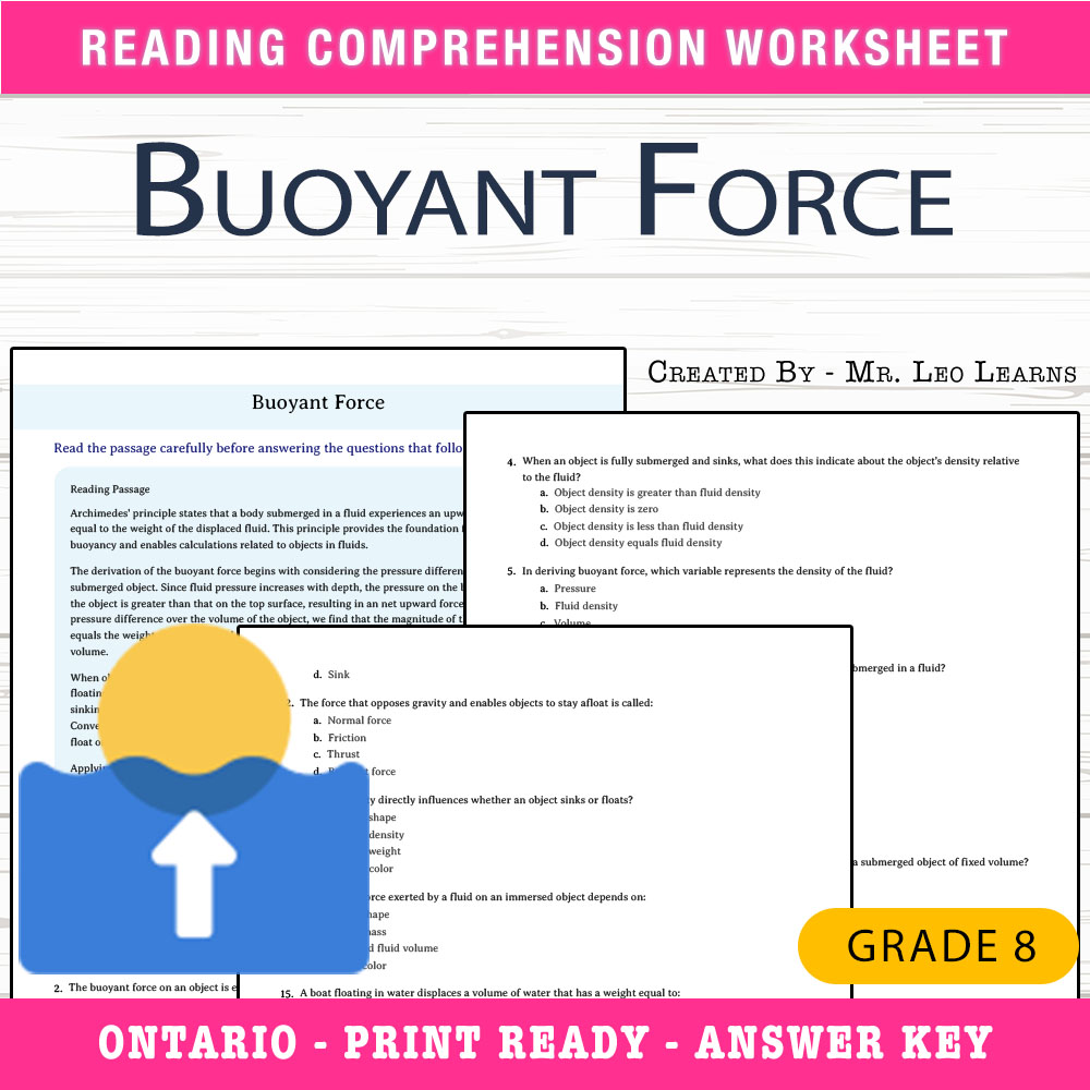Grade 8 Science worksheet worksheet — 8th Grade Science – Buoyant Force Worksheet for Mastery — page 1