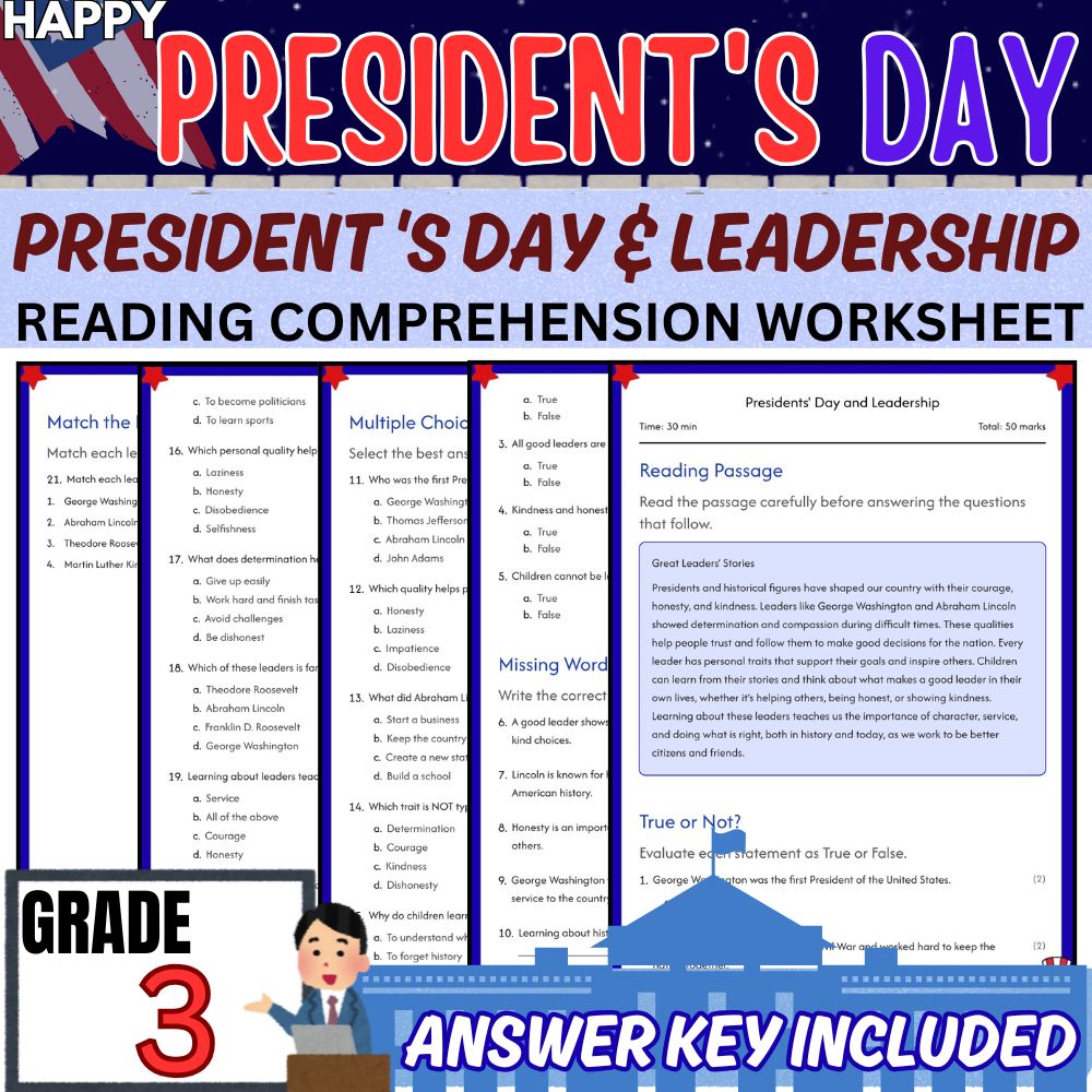 Grade 3 Seasonal Presidents Day Worksheet Bundle | Social Studies & Leadership — included worksheet 3