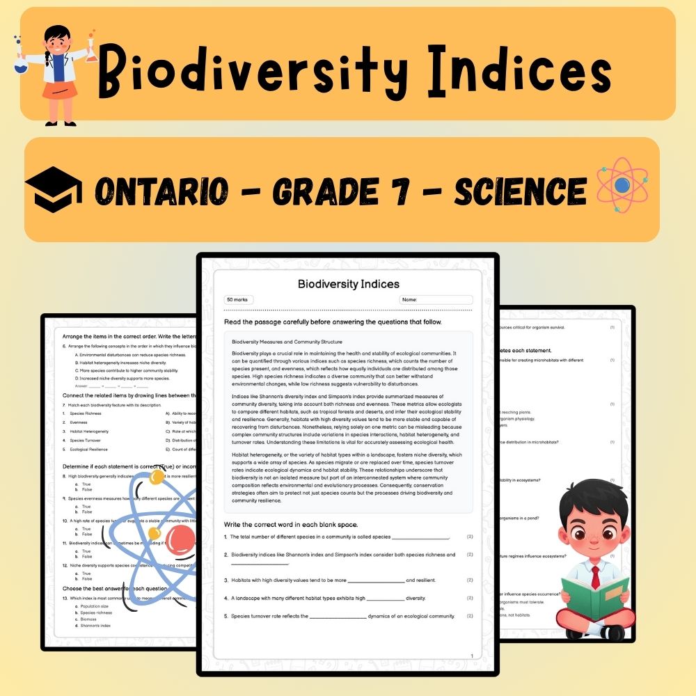 Grade 7 Science worksheet worksheet — Grade 7 Science – Biodiversity Indices Worksheet (PDF ) for Ontario Standards — page 1