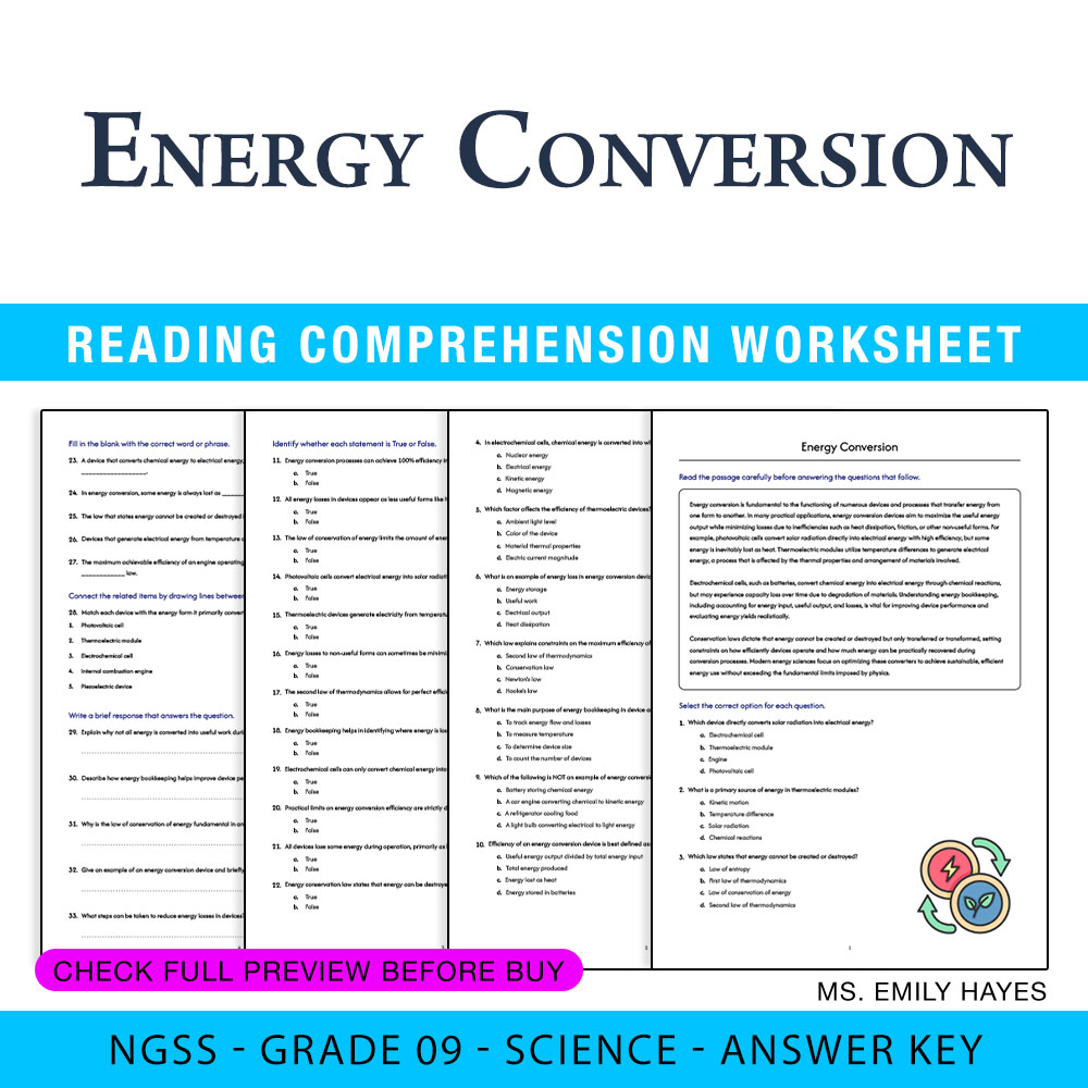 Grade 9 Science — worksheet — 9th Grade Science | Energy Conversion Worksheet (PDF+ Answer Key) — page 1