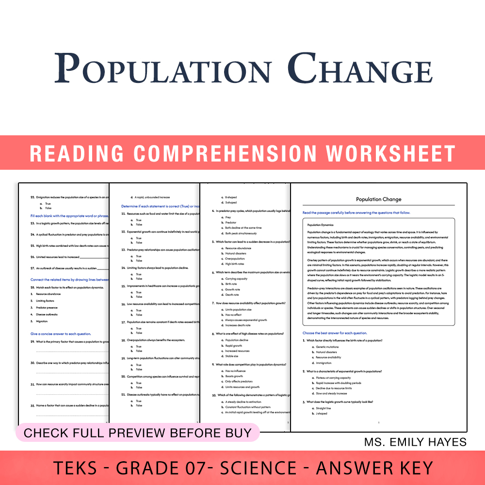 Grade 7 Science worksheet worksheet — 7th Grade Science | Population Change Worksheet (PDF+ Answer Key) — page 1