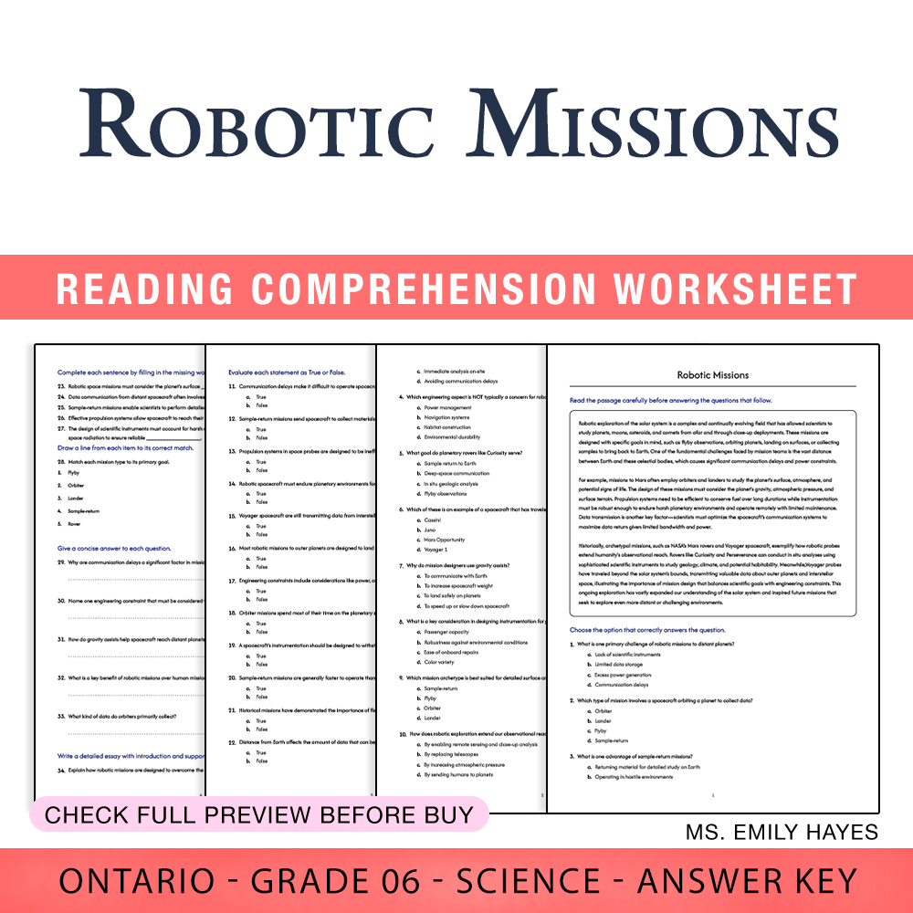 Grade 6 Science worksheet worksheet — 6th Grade Science | Robotic Missions Worksheet (PDF + Answer Key) — page 1