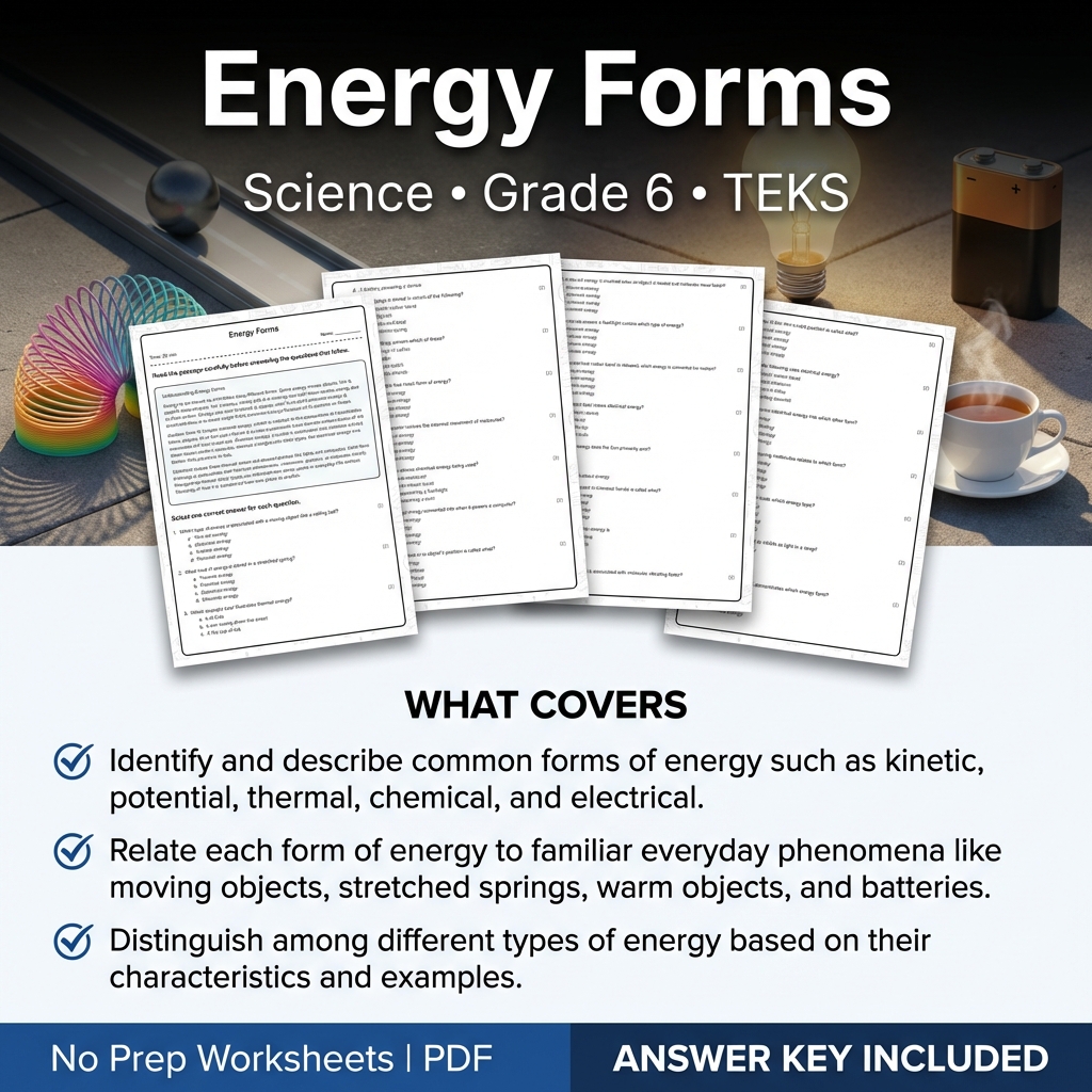 Grade 6 Science Worksheet on Energy Forms | TEKS Aligned