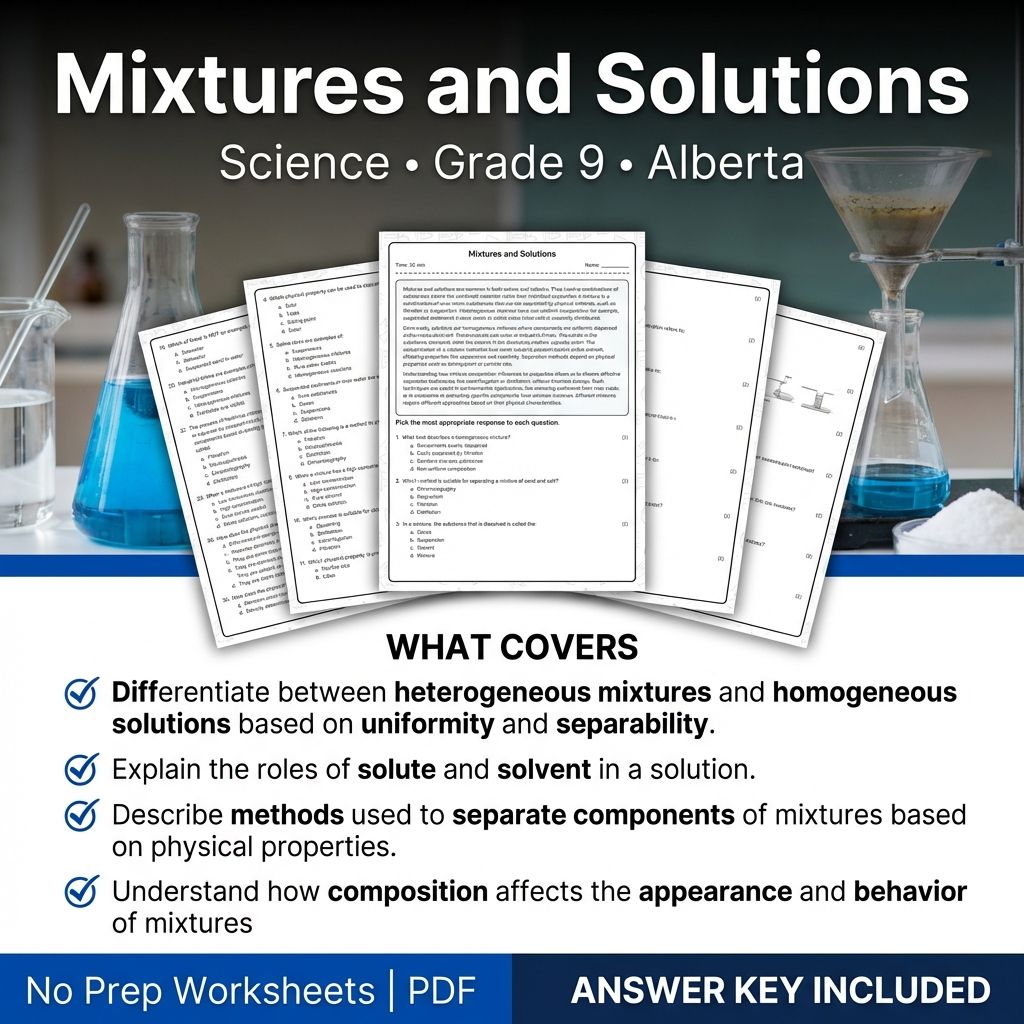 Grade 9 Science Worksheet on Mixtures and Solutions | Alberta Standards