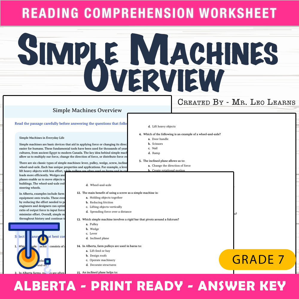 Grade 7 Science worksheet mcq paper worksheet — Grade 7 Science — Simple Machines Overview Worksheet for Mastery — page 1