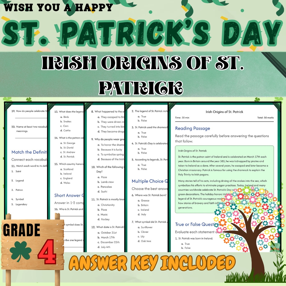 Grade 4 Seasonal – St. Patrick's Day Worksheets Pack for Irish Culture & Symbols — included worksheet 2