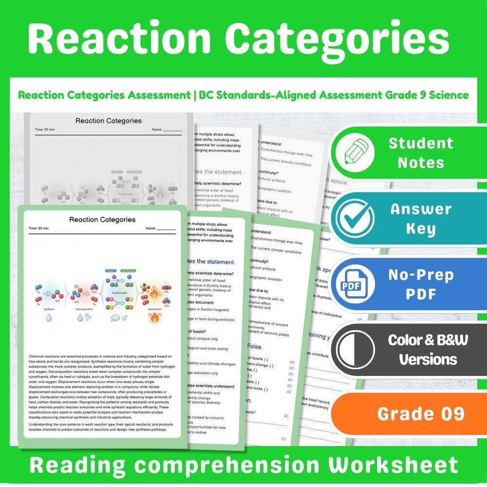 Grade 9 Science Mini Bundle | Chemical Reactions Assessment – BC Standards — included worksheet 11