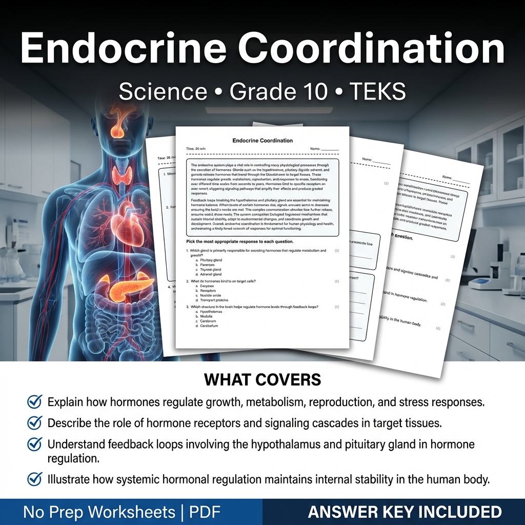 Endocrine Coordination Science Worksheet for Grade 10 | TEKS Aligned