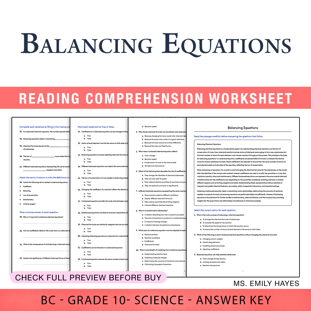 Grade 10 Science worksheet worksheet — Grade 10 Science | Balancing Chemical Equations Worksheet (PDF + Answer Key) — page 1