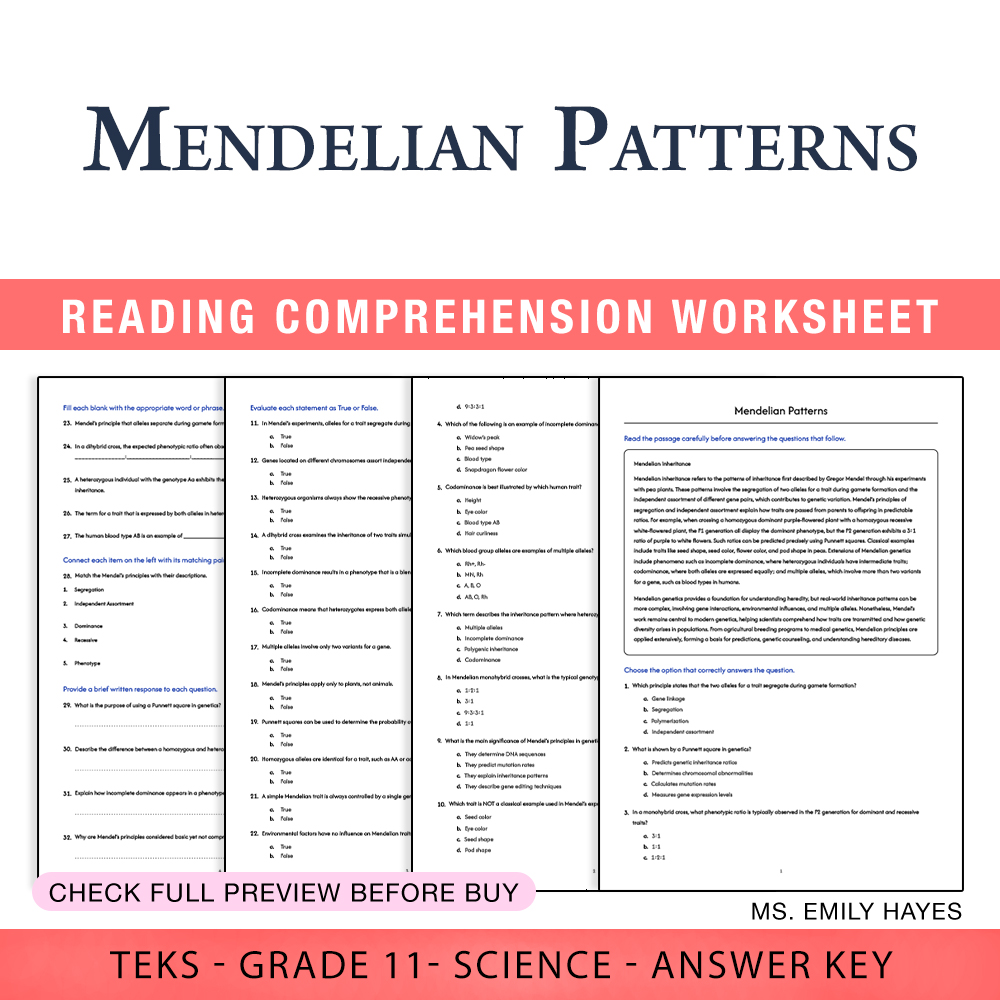 Grade 11 Science worksheet worksheet — Grade 11 Science | Mendelian Patterns Worksheet (PDF+ Answer Key) — page 1