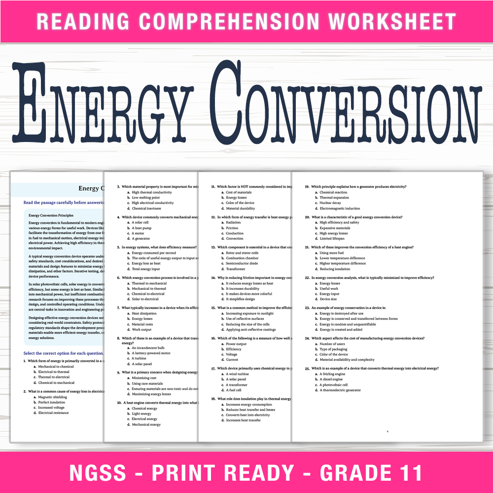 Grade 11 Science worksheet worksheet — Grade 11 Science – Energy Conversion Worksheet (PDF + Answer Key) — page 1