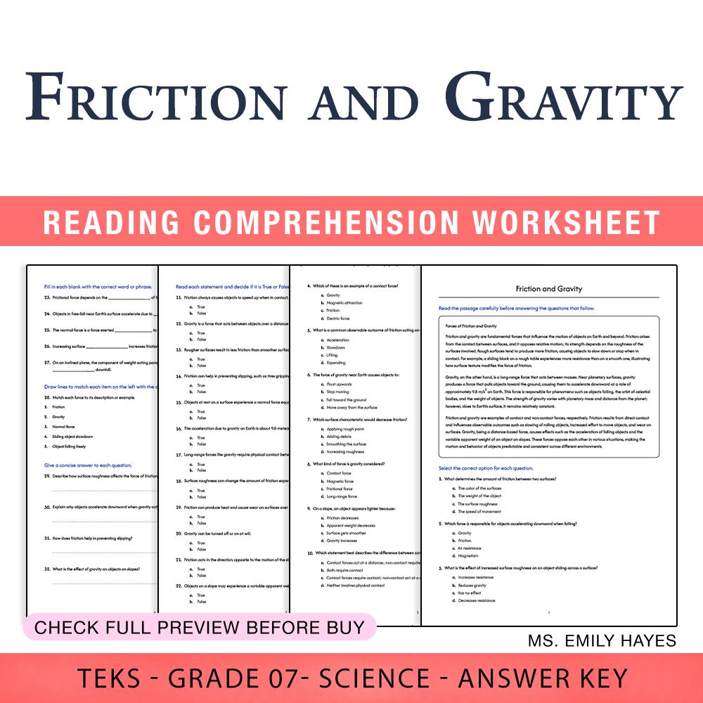 Grade 7 Science worksheet worksheet — 7th Grade Science | Friction and Gravity Worksheet (PDF+ Answer Key) — page 1