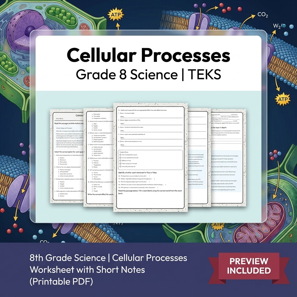 8th Grade Science Cellular Processes Worksheet with Short Notes (Printable PDF)