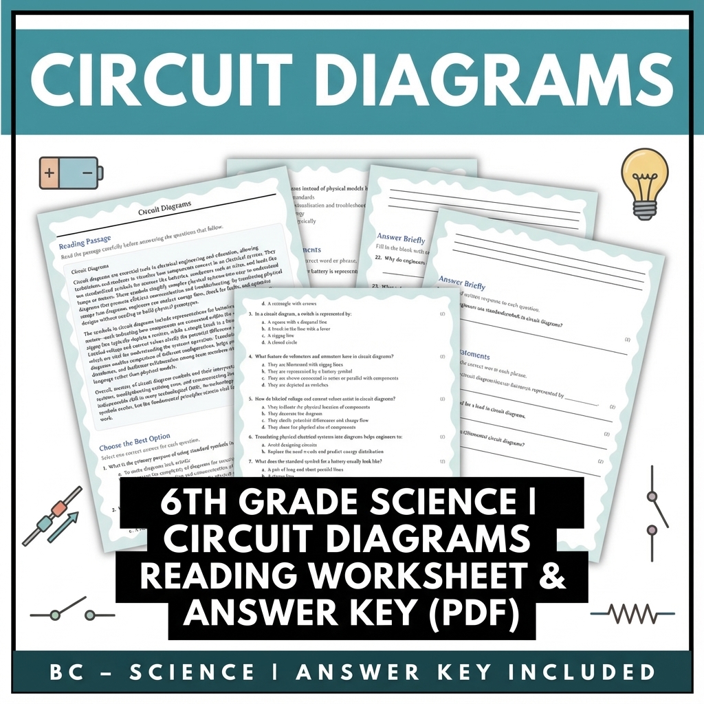 6th Grade Science | Circuit Diagrams Reading Worksheet & Answer Key (PDF)
