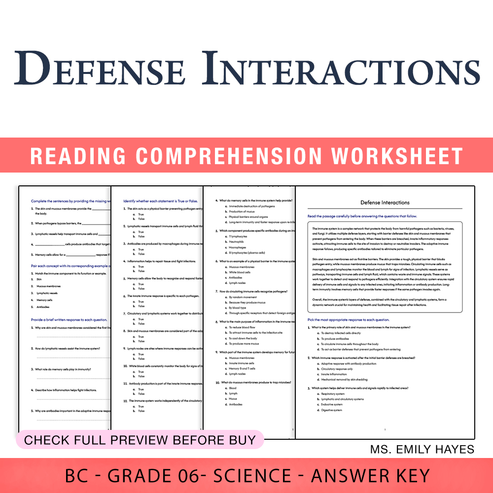 Grade 6 Science worksheet worksheet — Grade 6 Science | Defense Interactions Worksheet (PDF+ Answer Key) — page 1