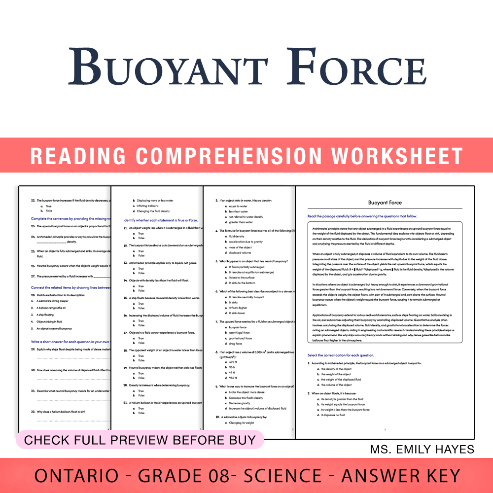 Grade 8 Science worksheet worksheet — 8th Grade Science | Buoyant Force Worksheet (PDF+ Answer Key) — page 1