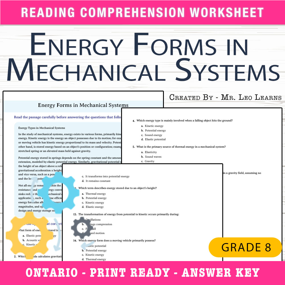Grade 8 Science worksheet worksheet — Grade 8 Science — Energy Forms in Mechanical Systems Worksheet — page 1