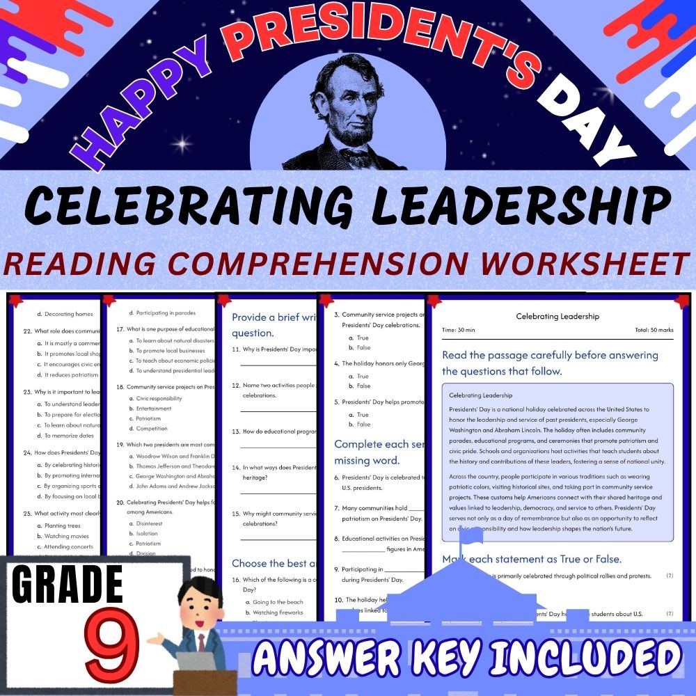 Grade 9| Presidents Day & U.S. History Unit Worksheet Pack (Answer Key Included) — included worksheet 2