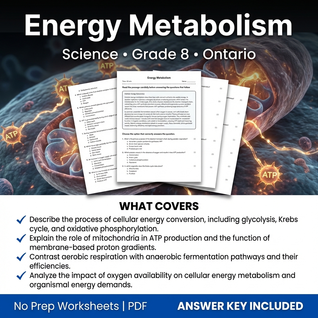 Energy Metabolism Worksheet | Ontario Grade 8 Science Practice PDF